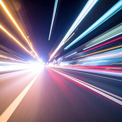 Blurry streaks of light over asphalt create a sense of speed