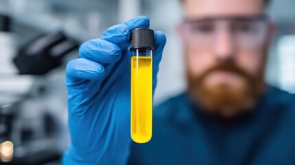 Scientist wearing blue glove holding a test tube with yellow liquid, conducting laboratory research and analysis