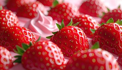 Glossy strawberries on pink cream, macro view