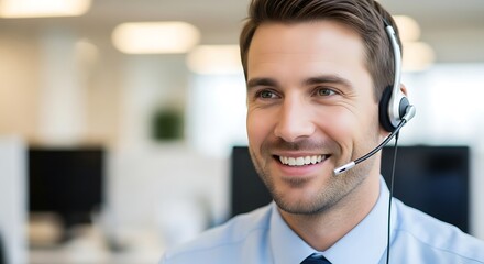 Friendly customer service representative assisting customers with a smile and headset