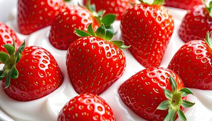 Red ripe strawberries on creamy white yogurt background