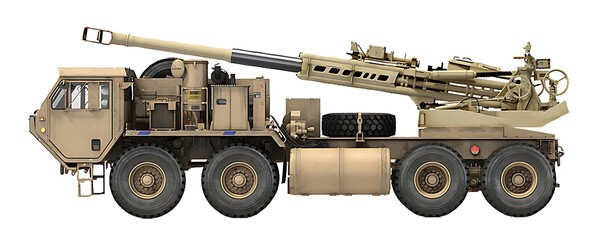 Concept of a wheeled self-propelled howitzer based on the Oshkosh HEMTT truck, with a 155mm howitzer barrel, from the M777 howitzer