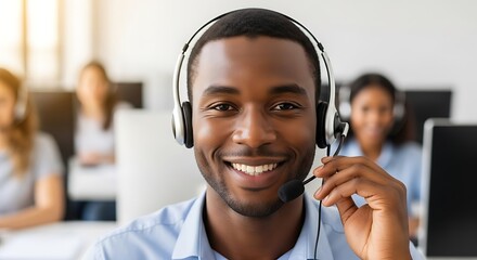 Portrait of a smiling African American male call center operator with a headset working in a customer service office