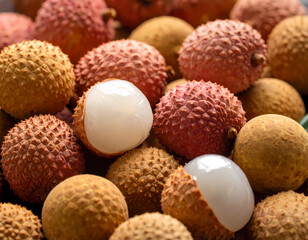 Freshly harvested lychee fruit close up of ripe textured tropical produce
