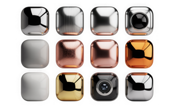 Modern metallic rounded square icons, varied textures, and camera lens. isolated on transparent background