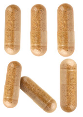 six nutritional supplement capsules containing herbal powder, standing upright and isolated on a dark transparent background, representing natural health alternatives. © AbdulWaheed