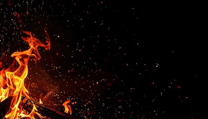 Vivid flames dance with sparks on dark background. Hot fire textures create dramatic, energetic visuals