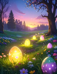 Glowing Easter eggs scattered in a flower-filled meadow at dusk