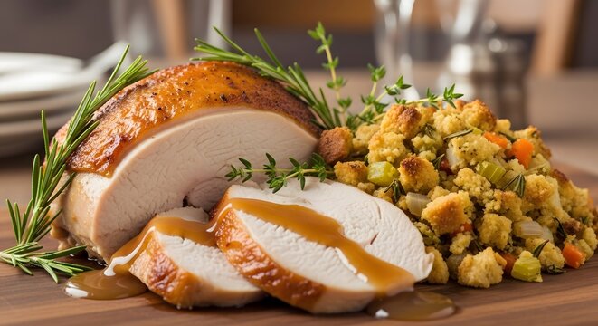 Delicious roasted turkey breast with gravy and stuffing for thanksgiving or christmas dinner recipe