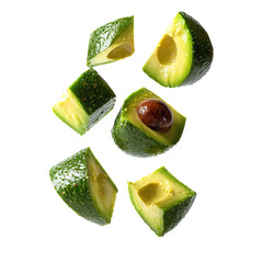 Fresh avocado slices in mid-air