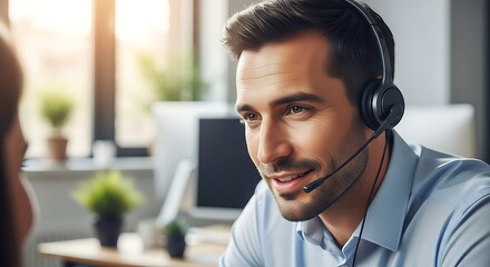Friendly male customer service agent wearing a headset, speaking to someone off-camera in a bright office setting with natural light