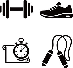 Black silhouette vector icon set for fitness and gym. Includes dumbbell, sneaker, jump rope, and stopwatch for workout.