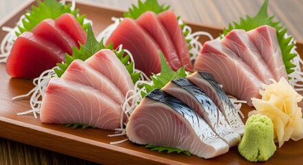 Delicious fresh sashimi platter assortment served with wasabi and ginger at a japanese restaurant