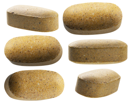 six large, textured, oblong dietary supplement tablets or multivitamin pills arranged against a transparent background, photographed in a high-resolution studio setting.