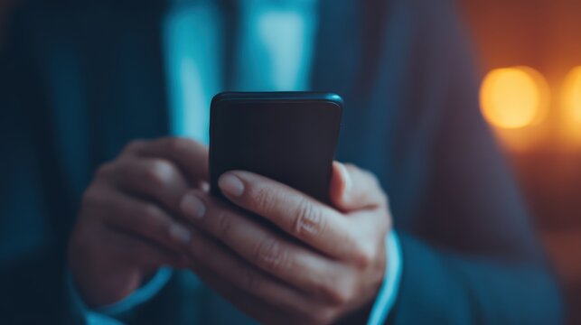 Businessman hands holding a smartphone, typing message or checking social media, connecting online at blurred night background with copy space