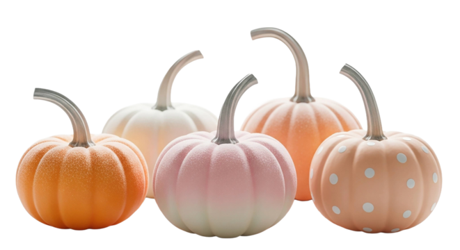 Pastel pumpkins of various colors isolated on transparent background