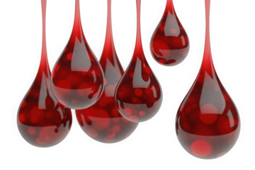 Red blood drops falling, translucent fluid spheres, medical and health concept isolated on transparent background