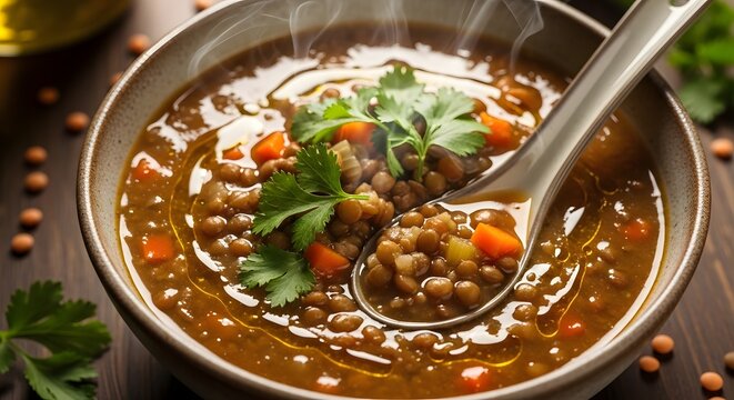 Delicious lentil soup recipe with carrots and cilantro in bowl for healthy eating and warm comfort food