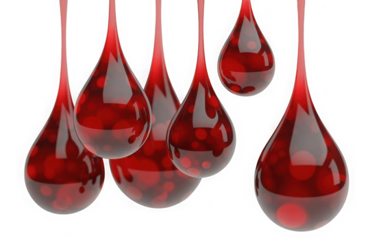 Red blood drops falling, translucent fluid spheres, medical and health concept isolated on transparent background
