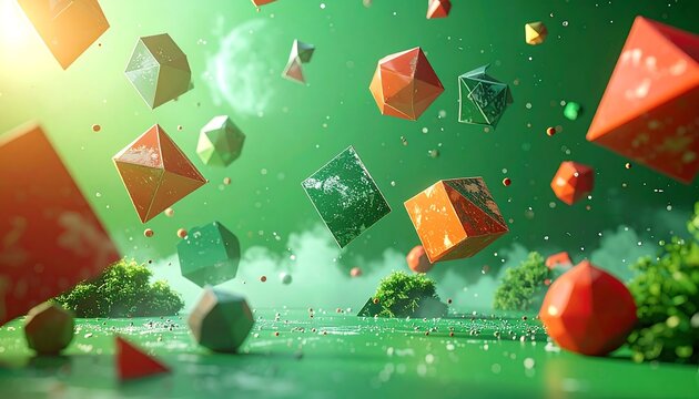 Vivid geometric solids float above a lush green landscape with tiny islands and a distant moonlike orb