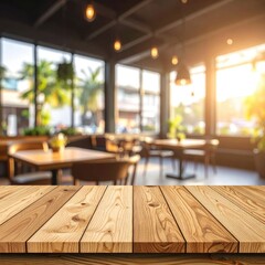 Sunny cafe interior, blurry background, wooden table foreground
