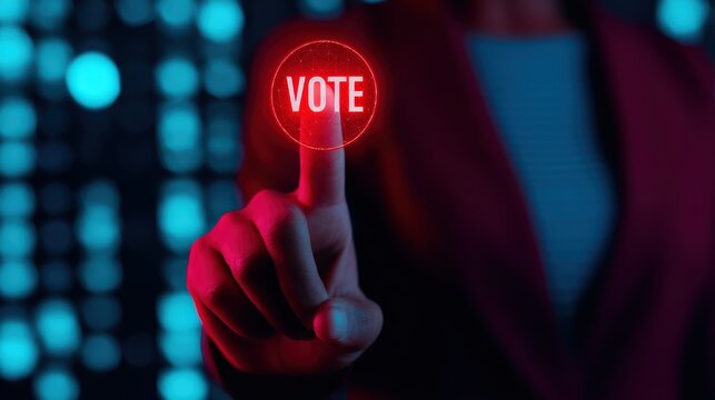 Hand pressing digital VOTE button on a futuristic touchscreen, representing online elections and democratic choice. Copy space left