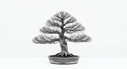 Fototapeta premium Serene Bonsai Miniature tree on white backdrop with zen aesthetic.