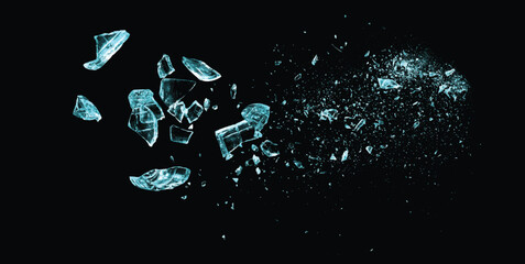 Ice particles. Broken glass on the black background. Isolated realistic cracked glass effect	