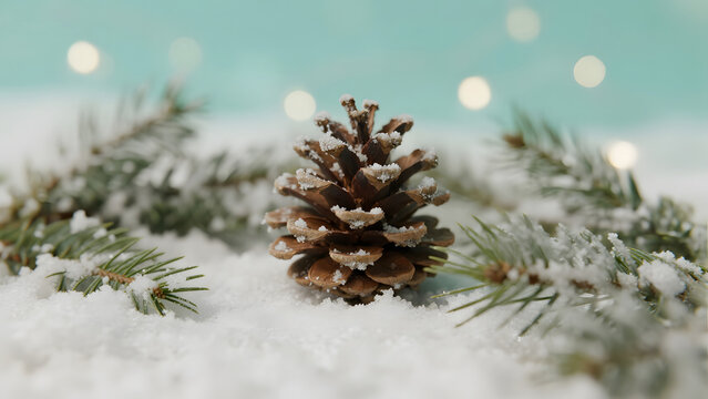 Winter Pinecone Snow Scene, Holiday Background, Seasonal Decoration, Nature Closeup, Festive Atmosphere