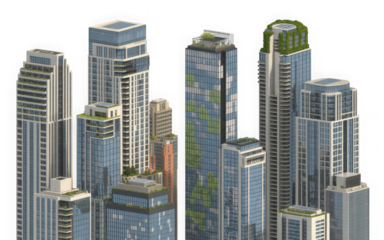 Green urban skyscrapers featuring sustainable design on transparent background. isolated on transparent background