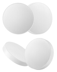 high-quality macro photograph displaying four large, white circular effervescent pills arranged dynamically and isolated against a dark black studio background.