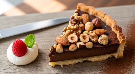 Delicious chocolate nut tart dessert recipe with raspberry and mint garnish, perfect for baking lovers