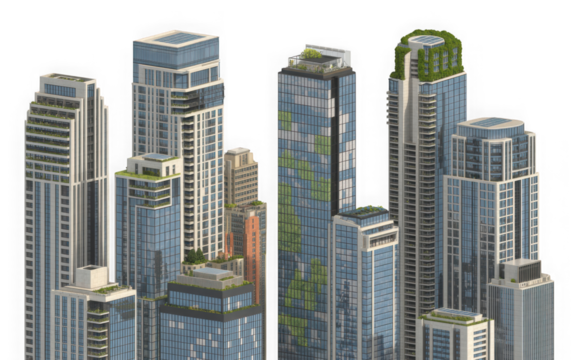 Green urban skyscrapers featuring sustainable design on transparent background. isolated on transparent background