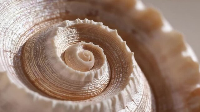 A close-up of a beige spiral seashell with textured concentric ridges.
