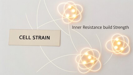 Conceptual illustration of cell strain representing inner resistance and strength through creative design and glowing atomic symbols