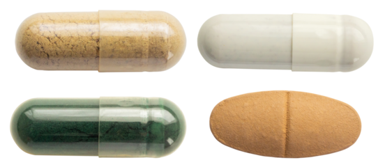 photograph of four distinct pharmaceutical products, including transparent capsules with herbal powder, opaque white medicine, and a beige vitamin tablet, isolated on black.