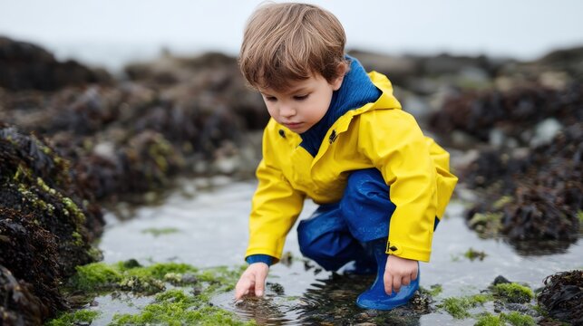 Boy in yellow raincoat crouching, exploring shallow tide pool water on a rocky coast, showing curiosity and childhood adventure