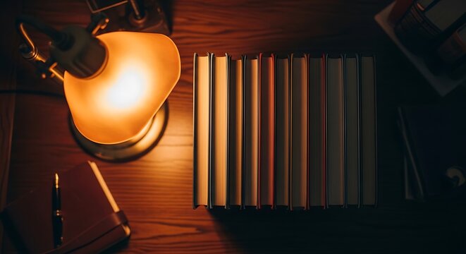 따뜻한 조명 아래 놓인 책들, 아늑하고 평화로운 독서 분위기 연출