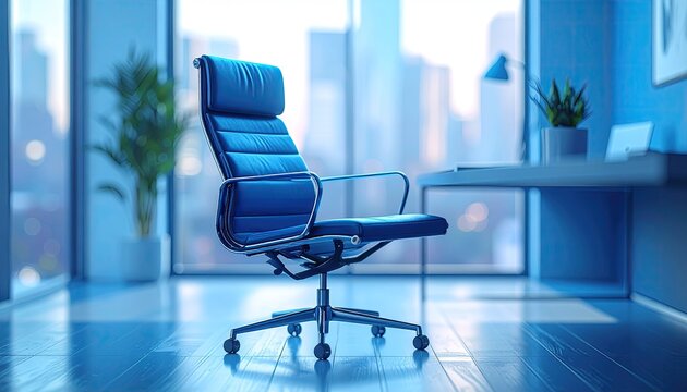 Blue office chair in airy, modern room - Powered by Adobe