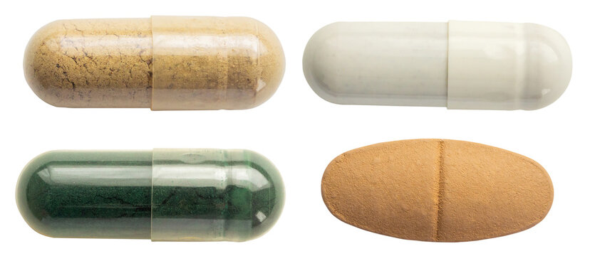 photograph of four distinct pharmaceutical products, including transparent capsules with herbal powder, opaque white medicine, and a beige vitamin tablet, isolated on black.