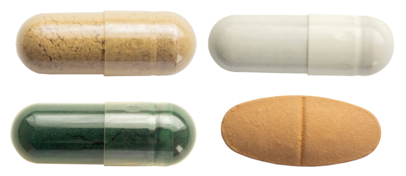 photograph of four distinct pharmaceutical products, including transparent capsules with herbal powder, opaque white medicine, and a beige vitamin tablet, isolated on black. - Powered by Adobe