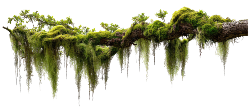 Lush moss drapes from a branch