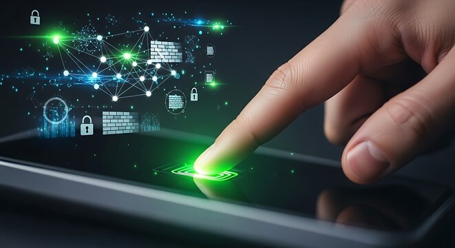 Digital Security Concept with Finger Touching Screen and Virtual Network Elements