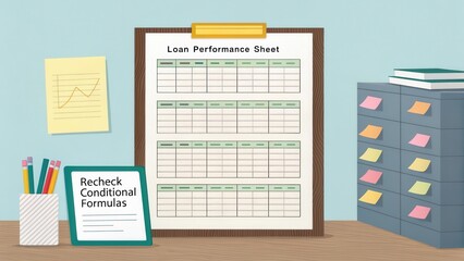 Detailed Loan Performance Sheet Displayed in an Organized Workspace with Stationery and Filing Cabinet Elements