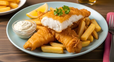 Delicious fish and chips recipe with tartar sauce and lemon wedge served on a light blue plate