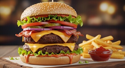 Delicious double cheeseburger with fries and ketchup for a tasty meal and fast food experience