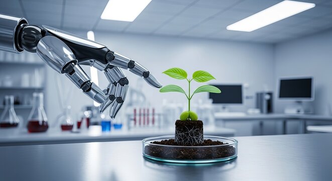 Robotic arm gently touching a small green plant in a laboratory setting
