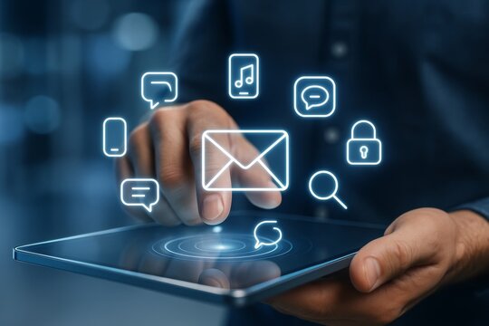 Digital communication icons floating above tablet touched by hand in futuristic user interface concept on dark background with glowing technology symbols. Ai generative