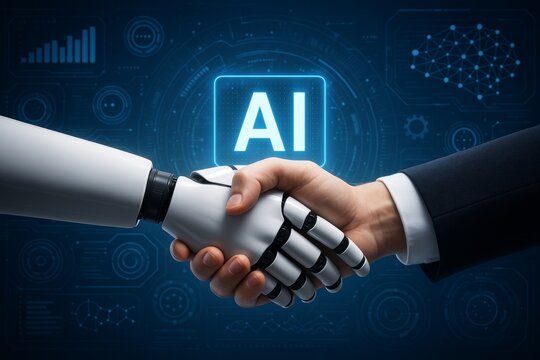 Human and robot handshake symbolizing partnership in AI technology against futuristic digital interface background with glowing AI icon in center. Ai generative