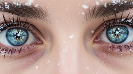 Enchanting winter beauty: Close-up of a woman's blue eyes with snowflakes, capturing the essence